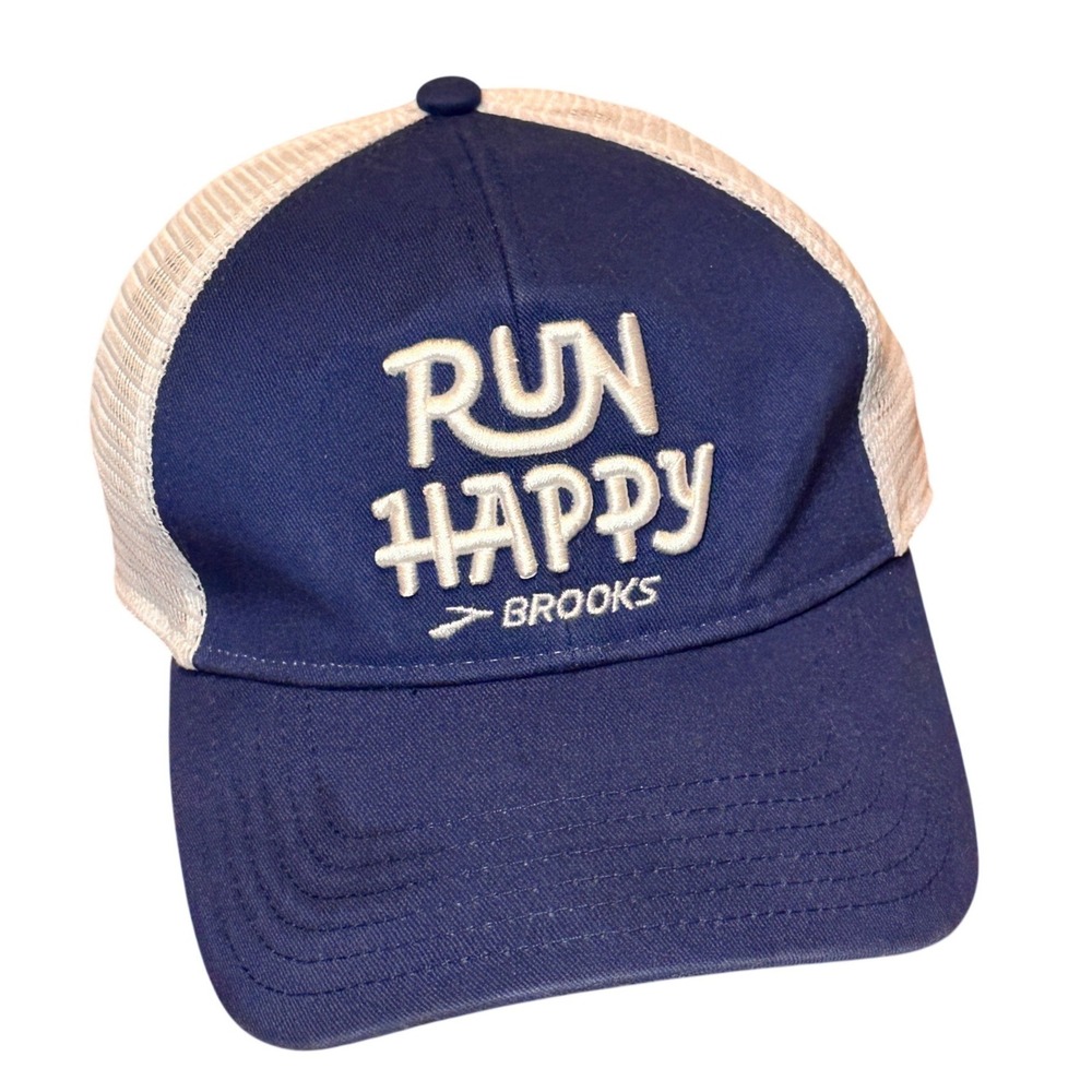 Brooks Run Happy Trucker Hat Unisex OSFM Blue White Running Cap America Snapback